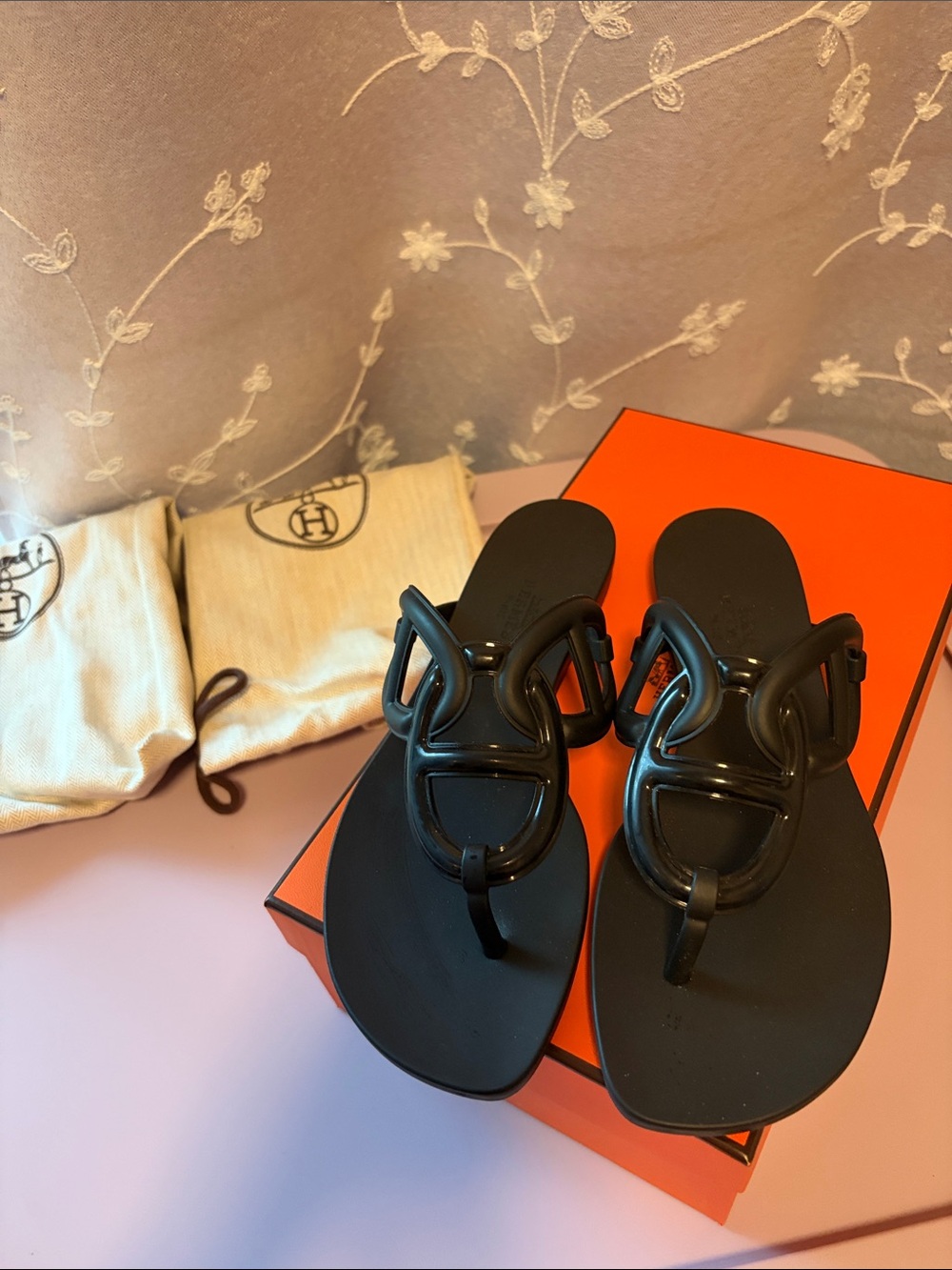Hermes Black Logo Thong Sandals